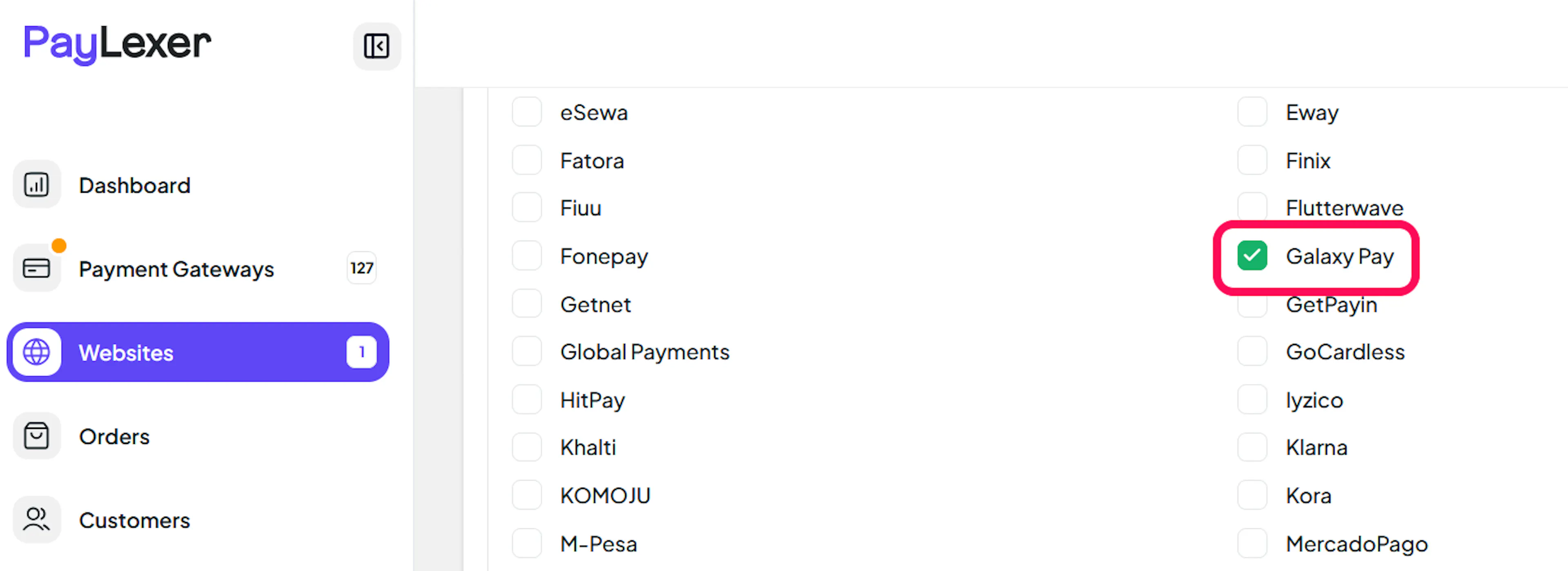 Galaxy Pay checkbox in the website's payment gateway settings
