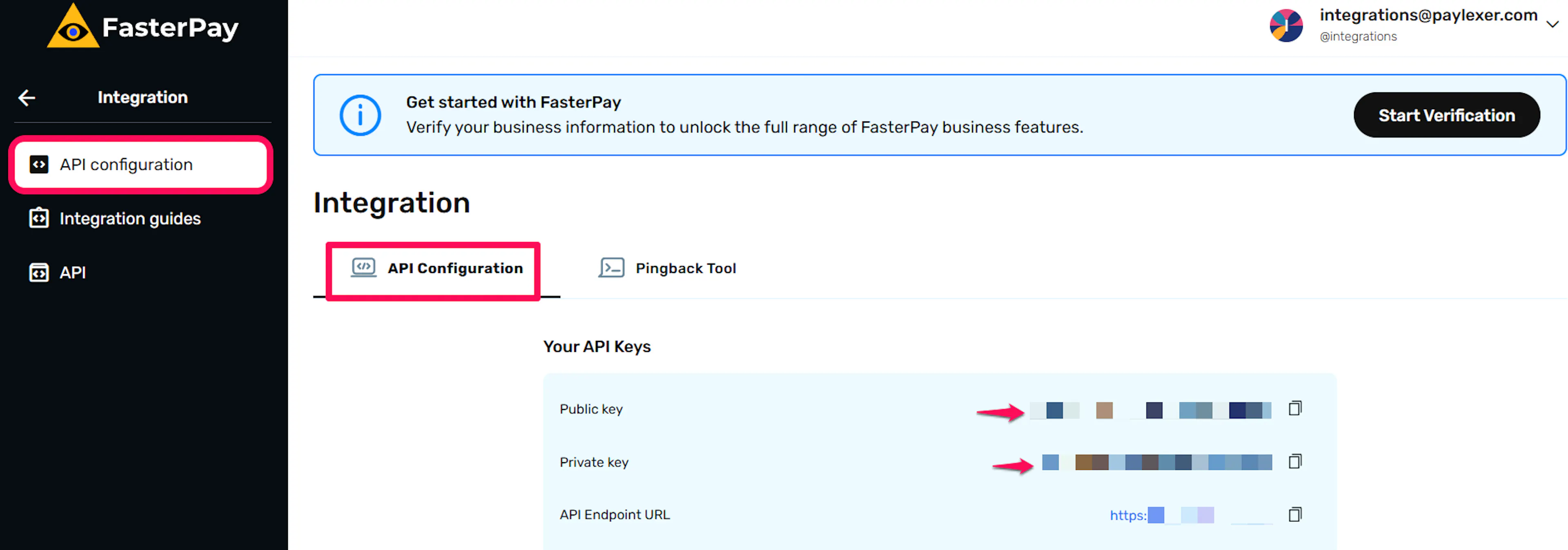 FasterPay dashboard with the API settings section open