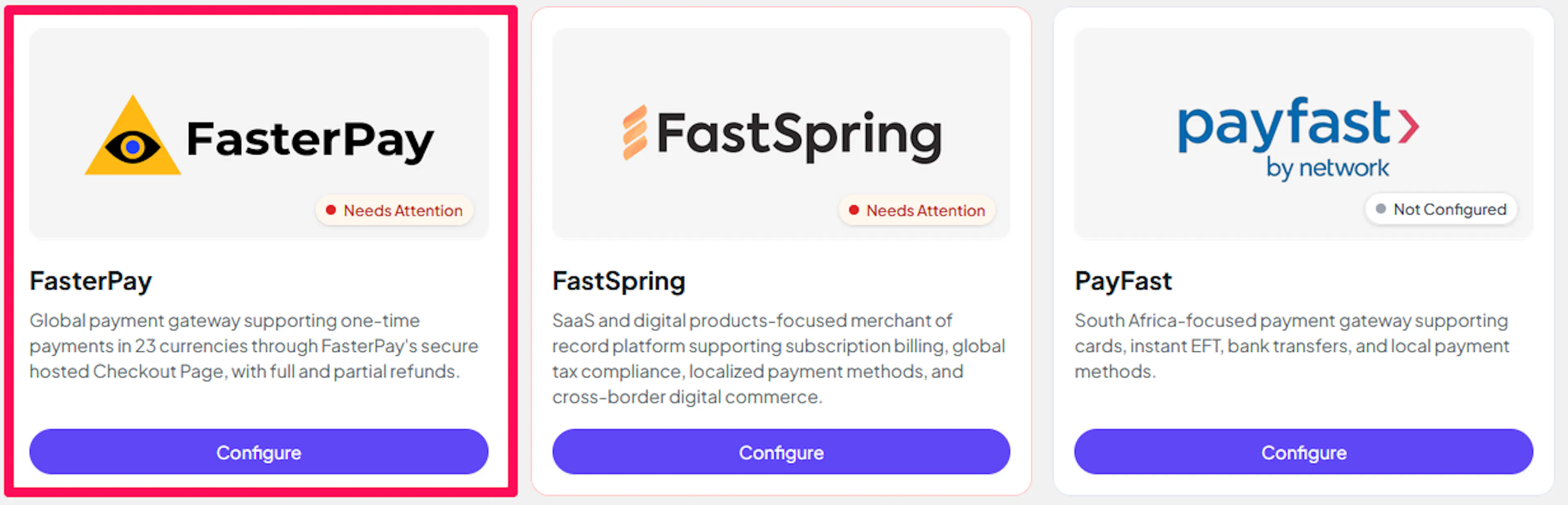 FasterPay under Payment Gateways in the PayLexer dashboard