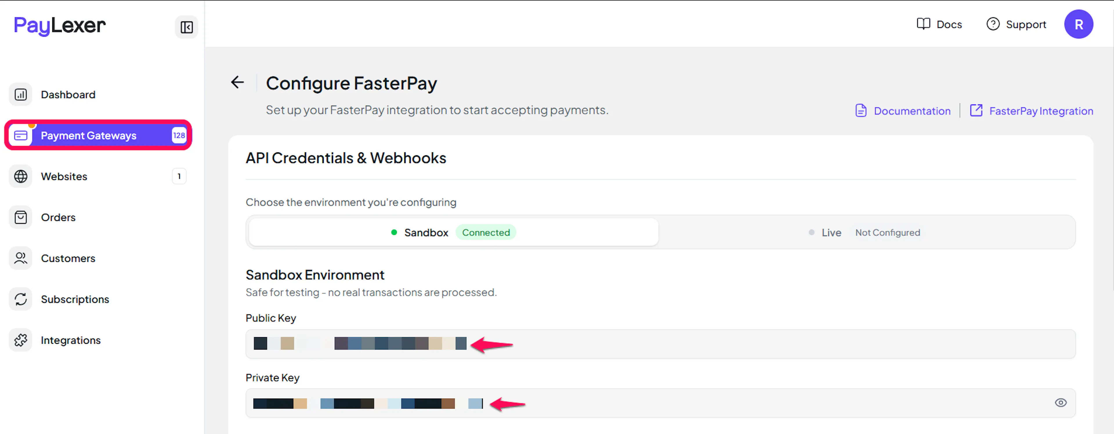 FasterPay credential fields in PayLexer with Live and Sandbox tabs