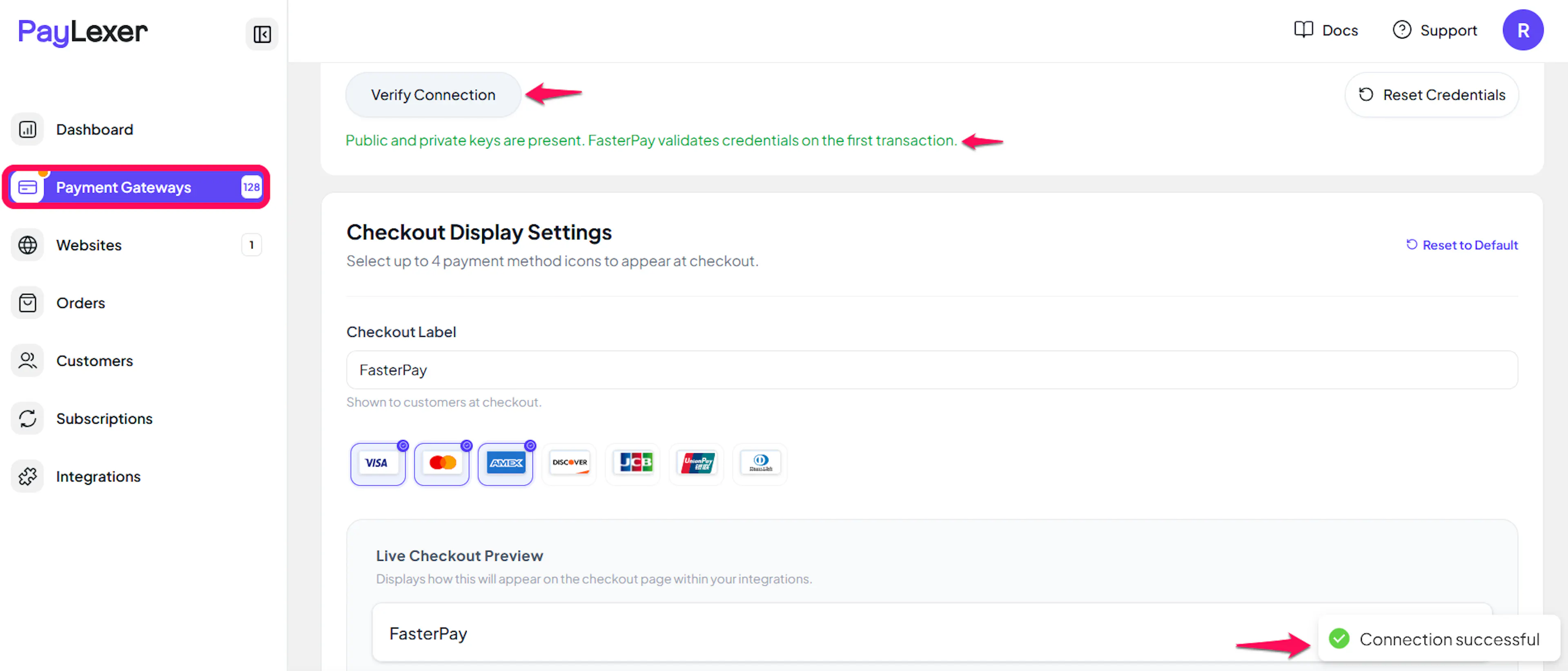 Save and Verify Connection buttons on the FasterPay settings page in PayLexer