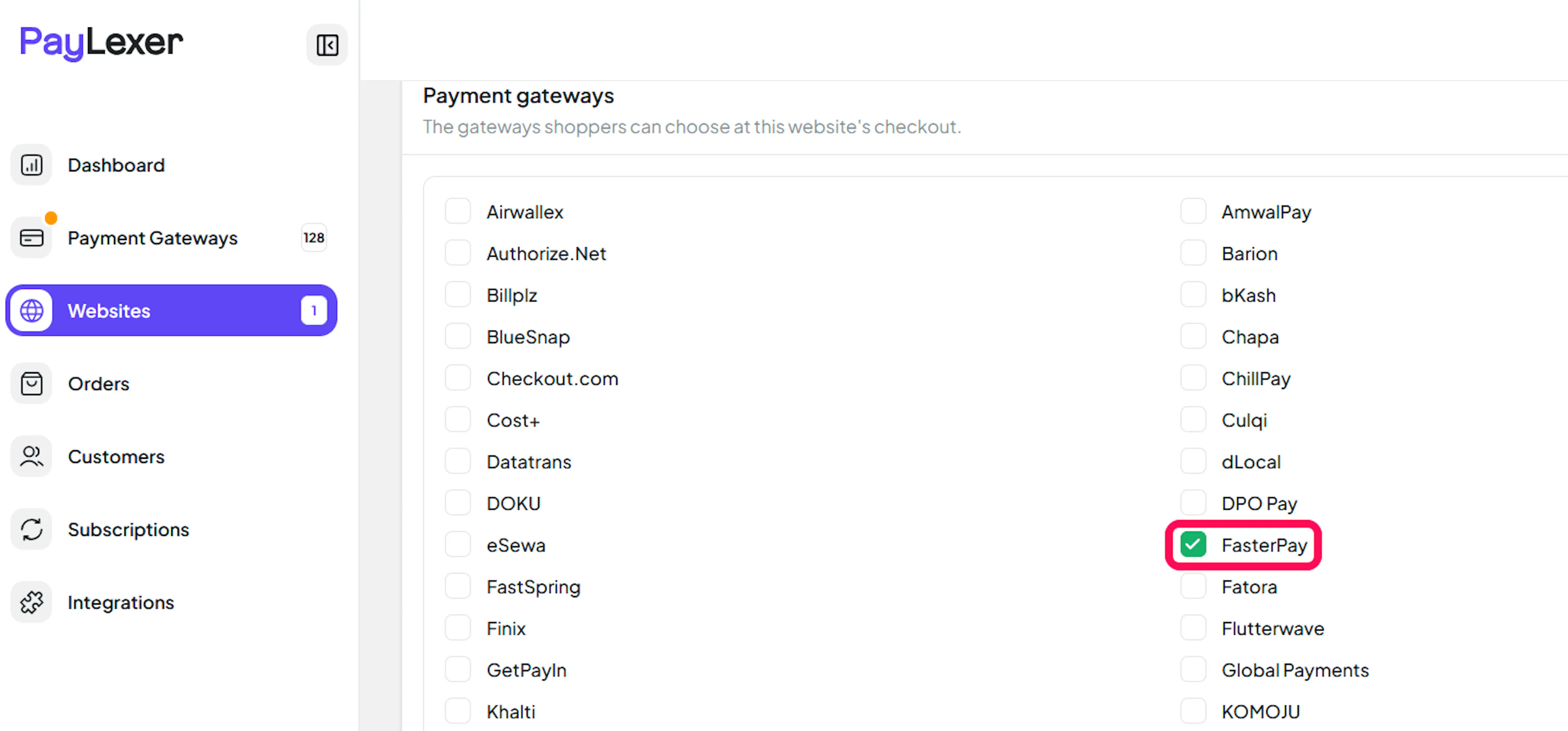FasterPay checkbox enabled in the website's payment gateway settings